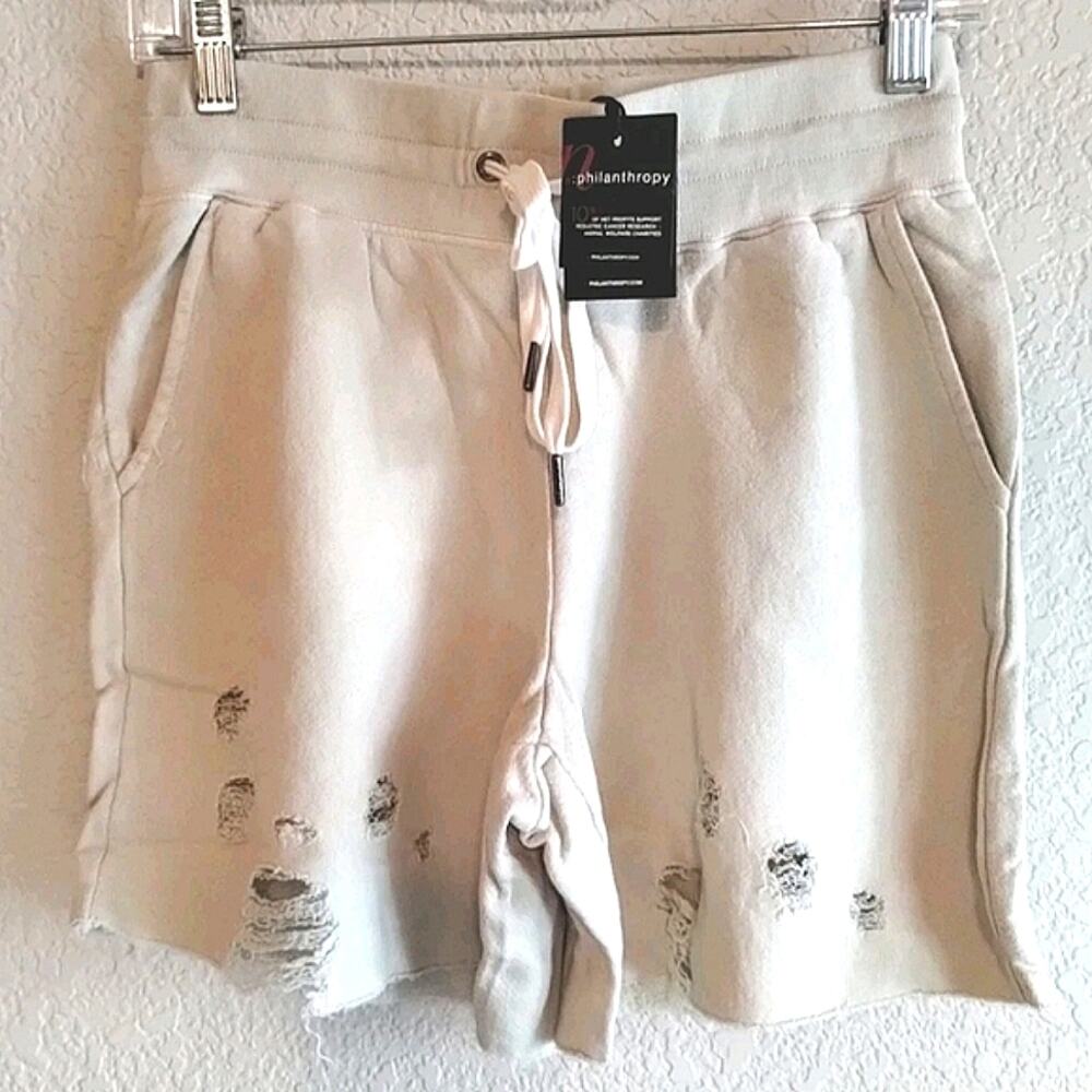 n: Philanthropy NEW Athletic Distressed Pocketed Fleece Shorts Vintage Bone S - Picture 5 of 16